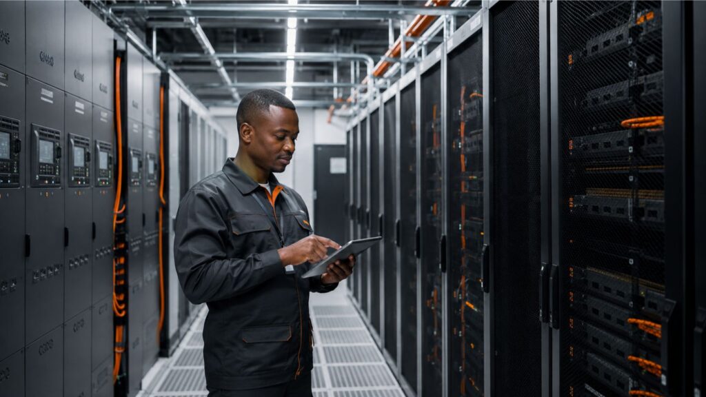 Black African data centre engineer monitoring resilient server and power infrastructure