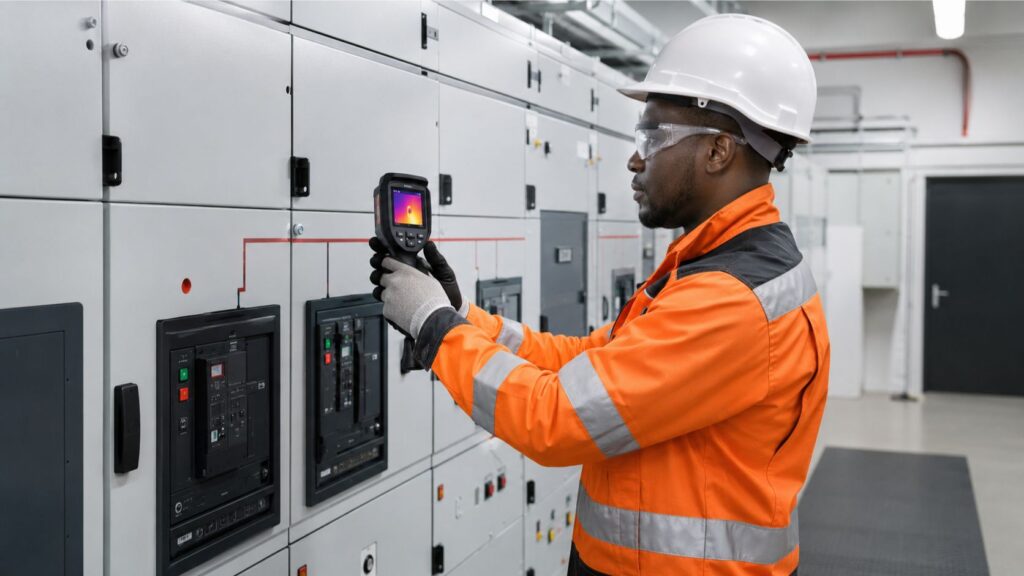 Recommended alt text Electrical engineer using thermal imaging equipment to assess industrial switchgear